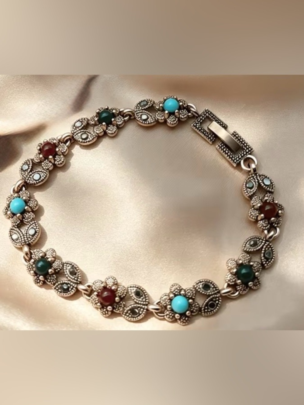 Western Vintage Style Elegant Multicolor Stone Link Bracelet - Gold Tone